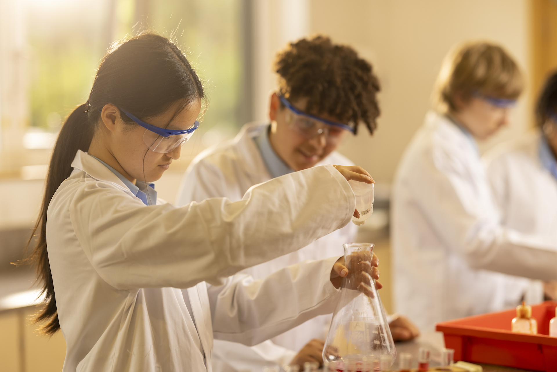 Senior pupils in science class at Ibstock Place School, a private school near Richmond, Barnes, Putney, Kingston, and Wandsworth