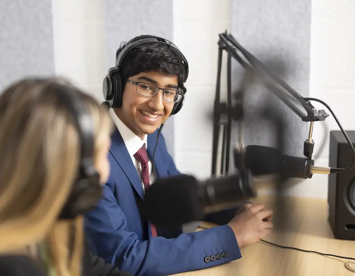 Sixth form pupils working on a podcast at Ibstock Place School, a private school near Richmond, Barnes, Putney, Kingston, and Wandsworth.