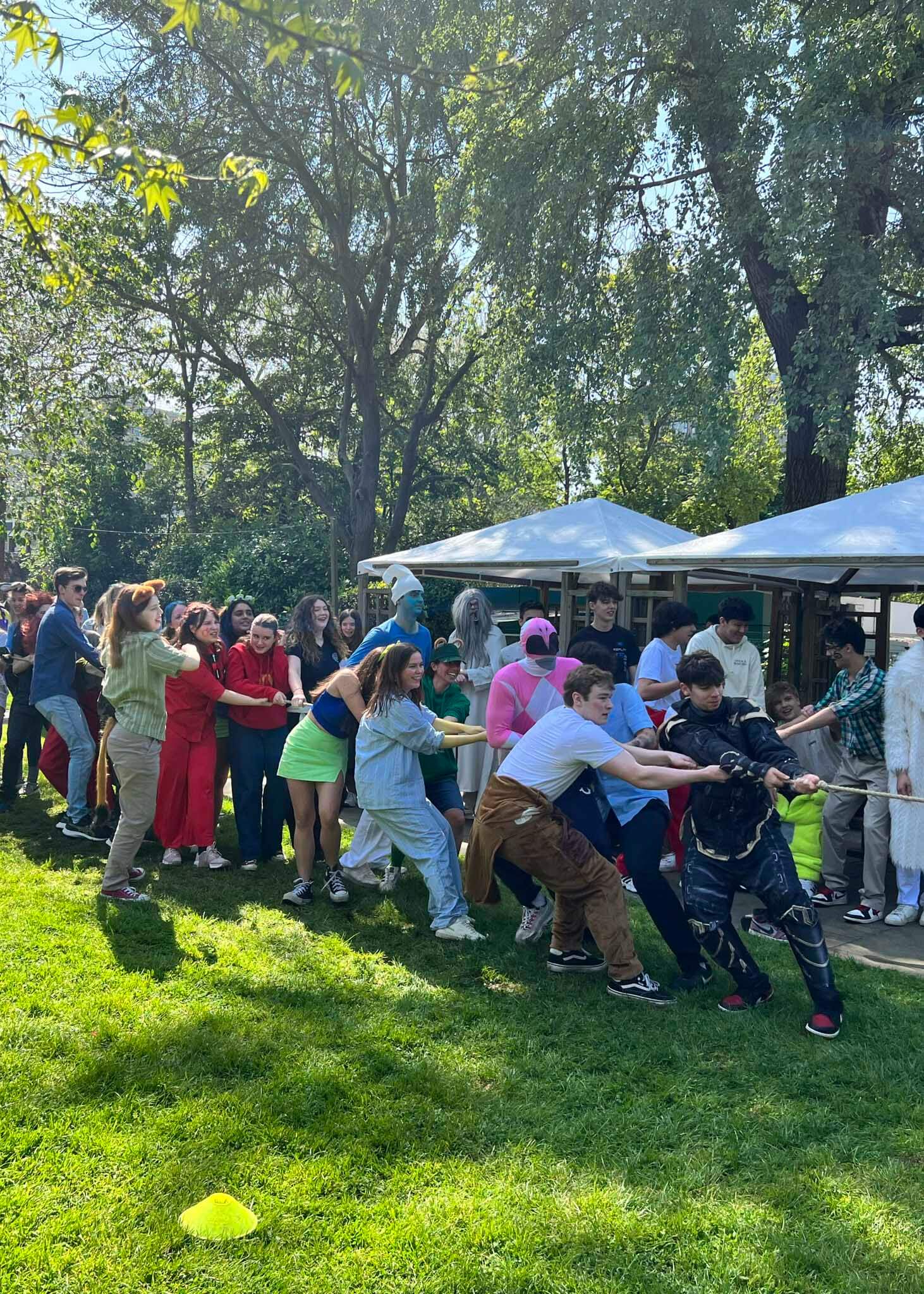 Upper sixth form having a tug of war on the last day at  Ibstock Place School, a private school near Richmond, Barnes, Putney, Kingston, and Wandsworth on an overseas trip. 