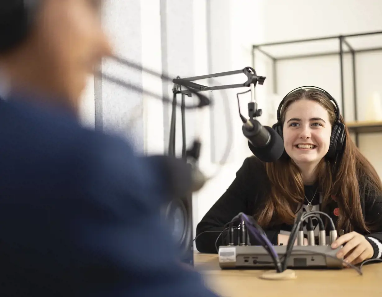 Sixth form pupils working on a podcast at Ibstock Place School, a co-educational private school near Richmond, Barnes, Putney, Kingston, and Wandsworth.